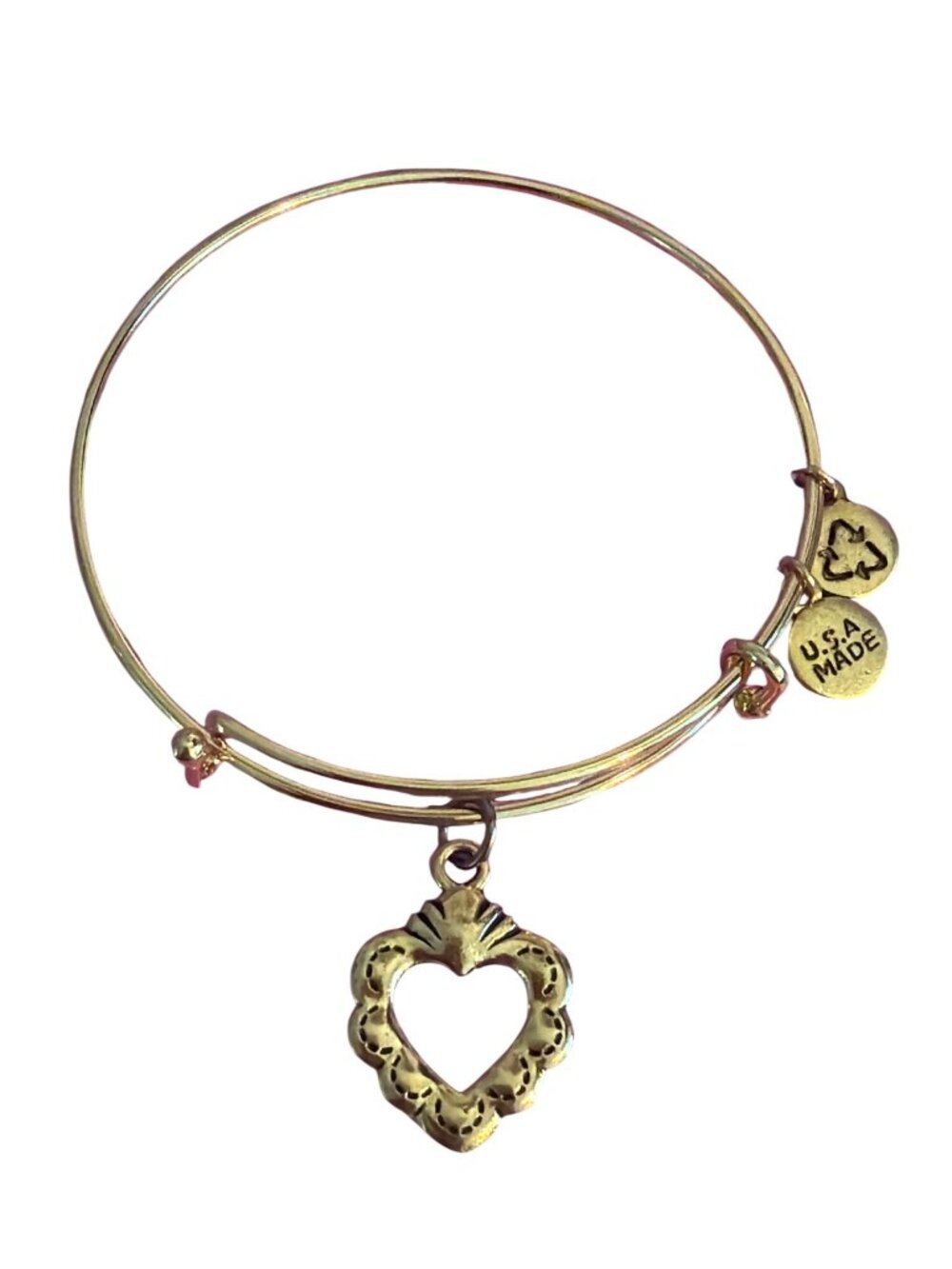 Gold Tone Adjustable Bangle Bracelet Open Heart Charms USA Made Tag 8.57g